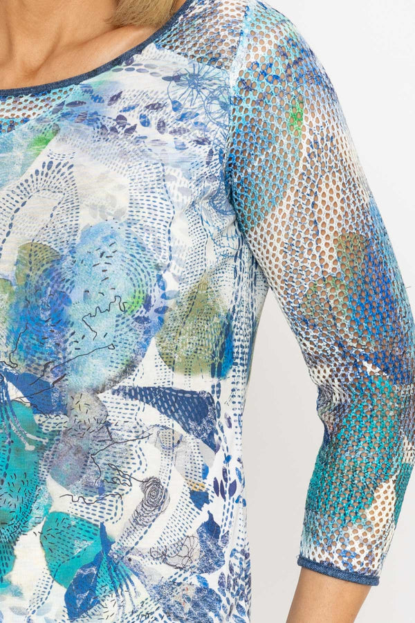 Carraig Donn 3/4 Sleeve Printed Round Neck Top in Aqua
