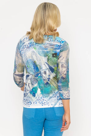 Carraig Donn 3/4 Sleeve Printed Round Neck Top in Aqua