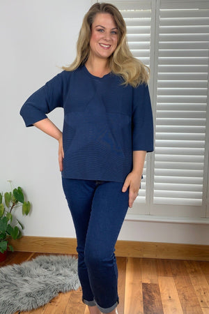 Carraig Donn 3/4 Sleeve Star Knit Sweater in Dark Blue