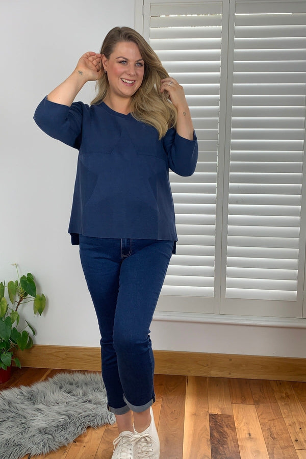 Carraig Donn 3/4 Sleeve Star Knit Sweater in Dark Blue