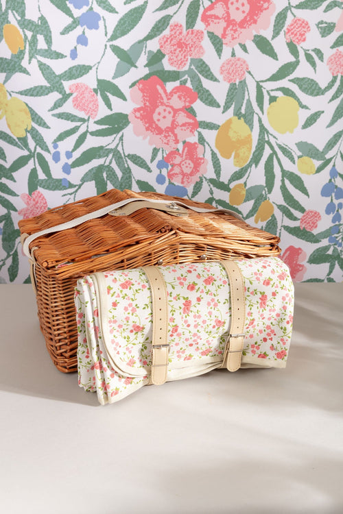 4 Person Pink Floral Picnic Basket