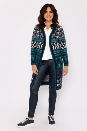 Carraig Donn Aztec Longline Cardigan in Teal