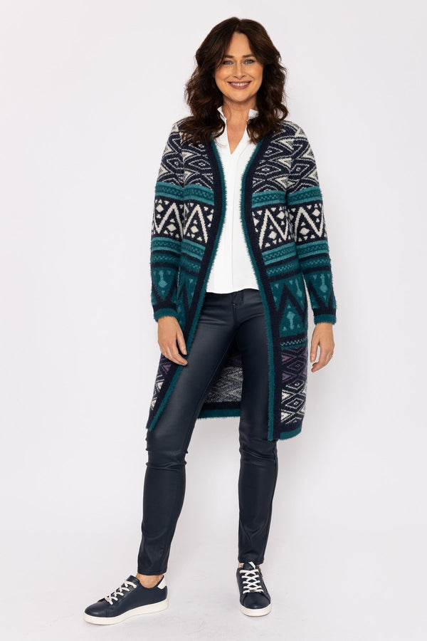 Carraig Donn Aztec Longline Cardigan in Teal