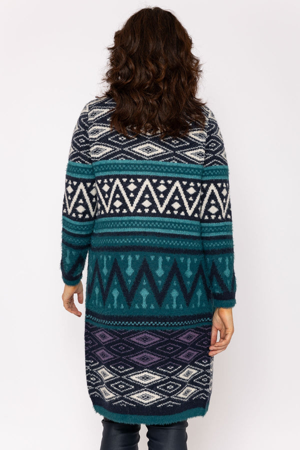 Carraig Donn Aztec Longline Cardigan in Teal