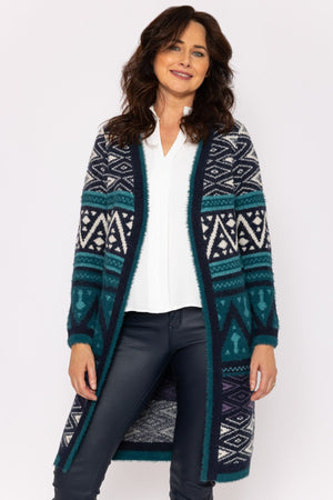 Carraig Donn Aztec Longline Cardigan in Teal