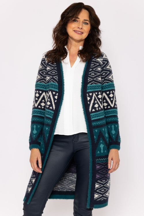 Aztec Longline Cardigan in Teal