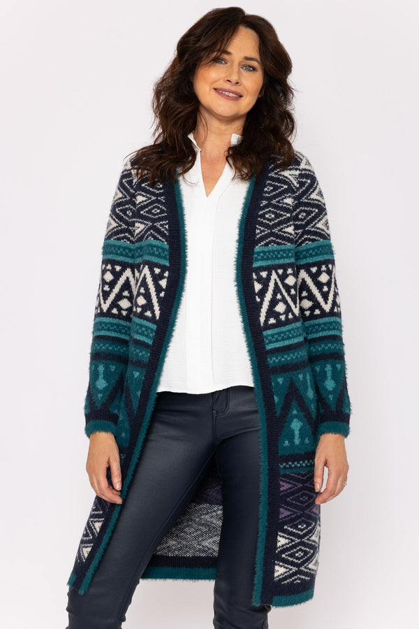 Carraig Donn Aztec Longline Cardigan in Teal