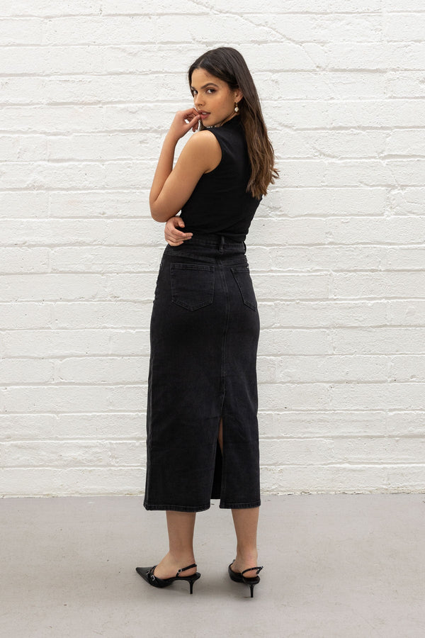 Carraig Donn Black Denim Midi Skirt