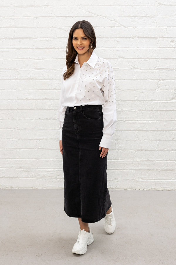 Carraig Donn Black Denim Midi Skirt