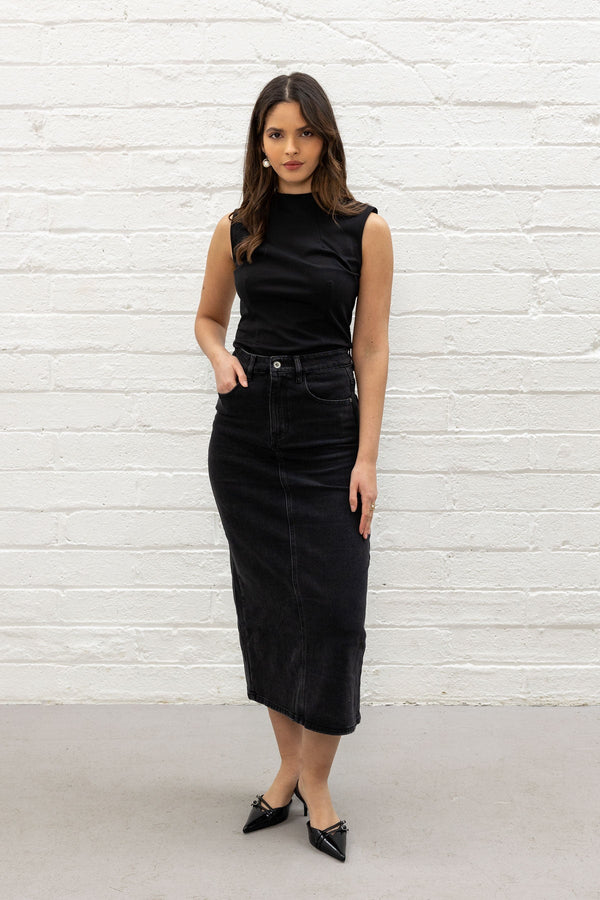 Carraig Donn Black Denim Midi Skirt