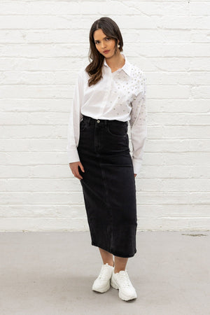 Carraig Donn Black Denim Midi Skirt