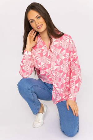 Carraig Donn Blouse in Pink Geo Print