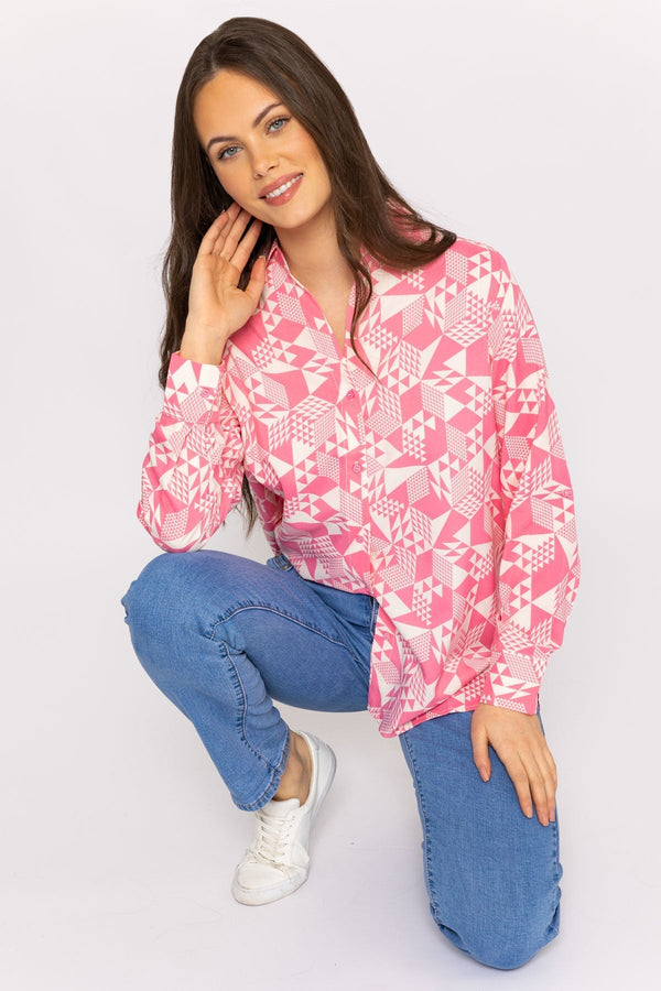 Carraig Donn Blouse in Pink Geo Print