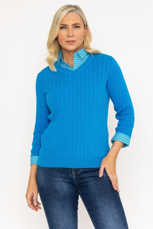 Carraig Donn Blue Cable Knit Sweater With Shirt Collar