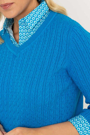 Carraig Donn Blue Cable Knit Sweater With Shirt Collar