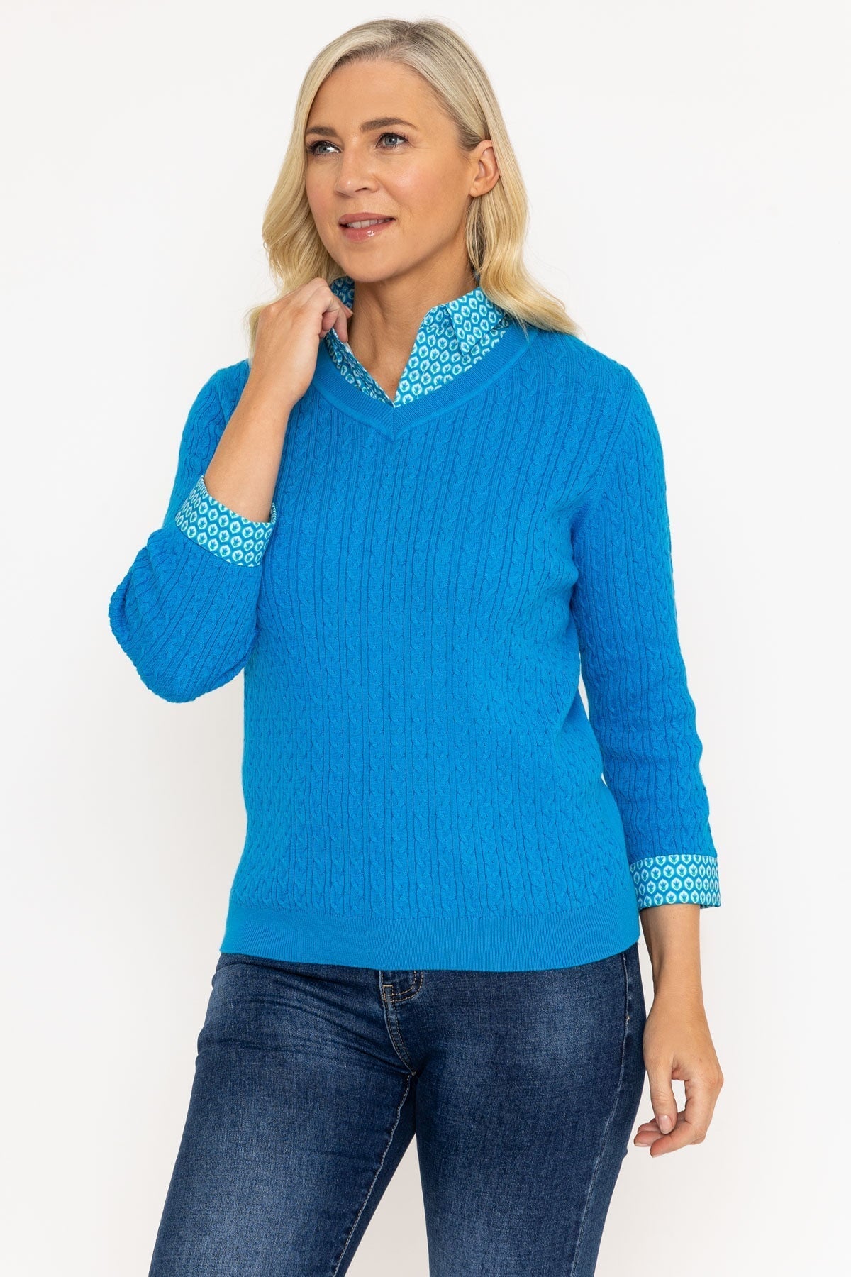 Blue Cable Knit Sweater With Shirt Collar
