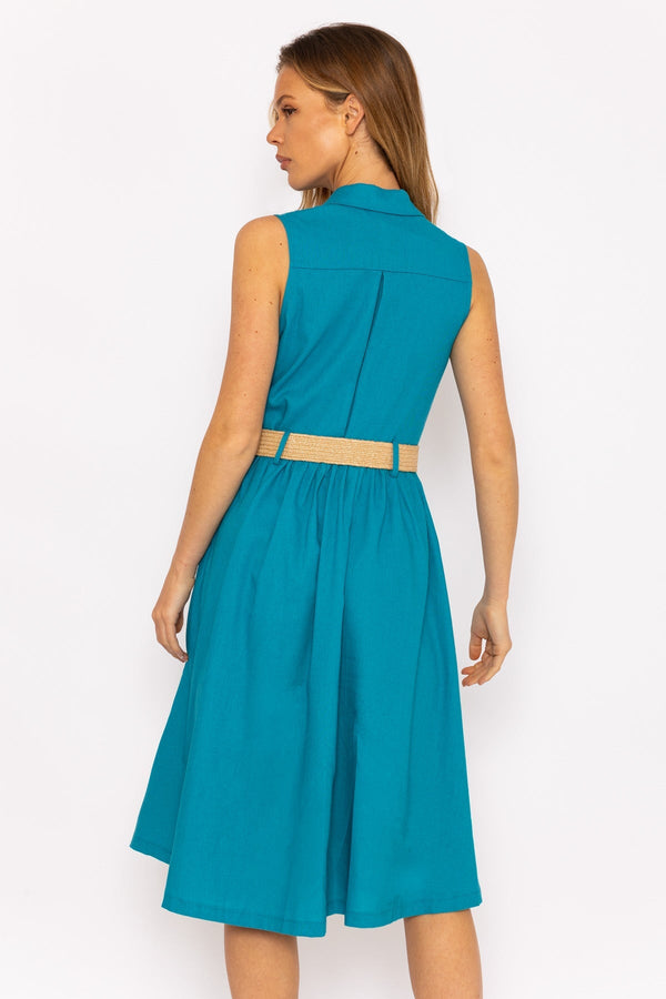 Carraig Donn Blue Linen Sleeveless Shirt Dress