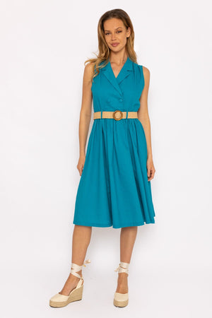 Carraig Donn Blue Linen Sleeveless Shirt Dress