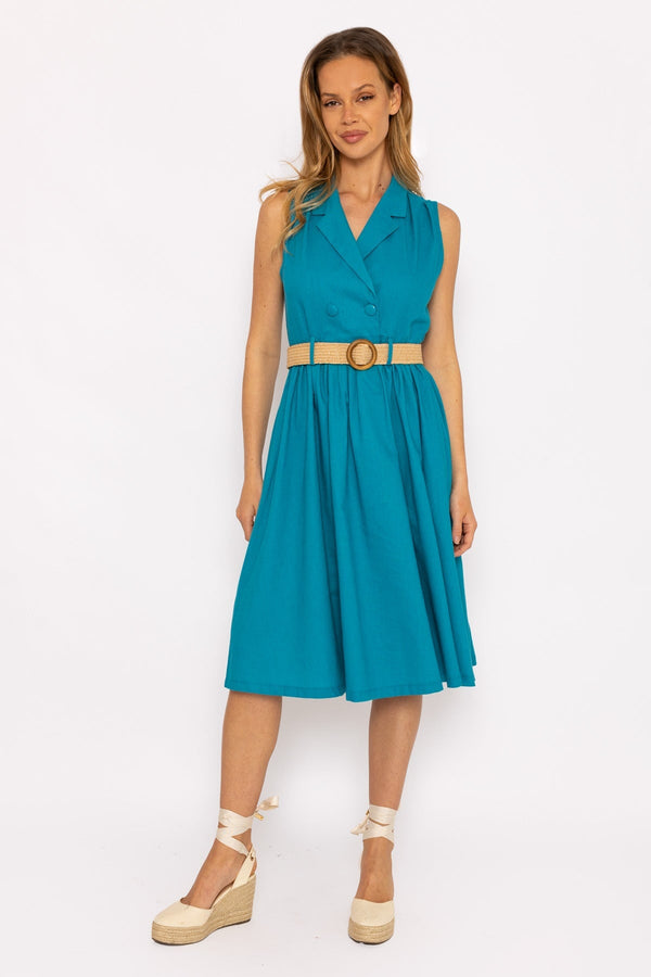 Carraig Donn Blue Linen Sleeveless Shirt Dress