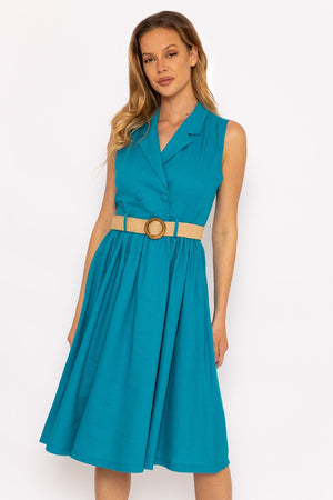 Carraig Donn Blue Linen Sleeveless Shirt Dress