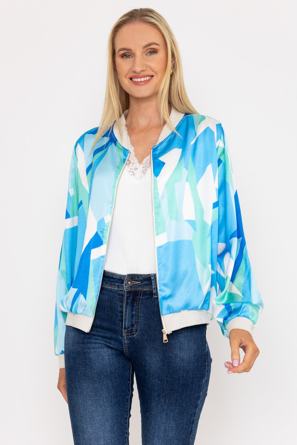 Blue Printed Bomber Jacket