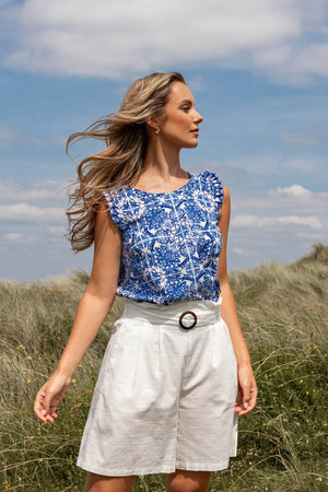 Carraig Donn Blue Ruffle Sleeveless Top