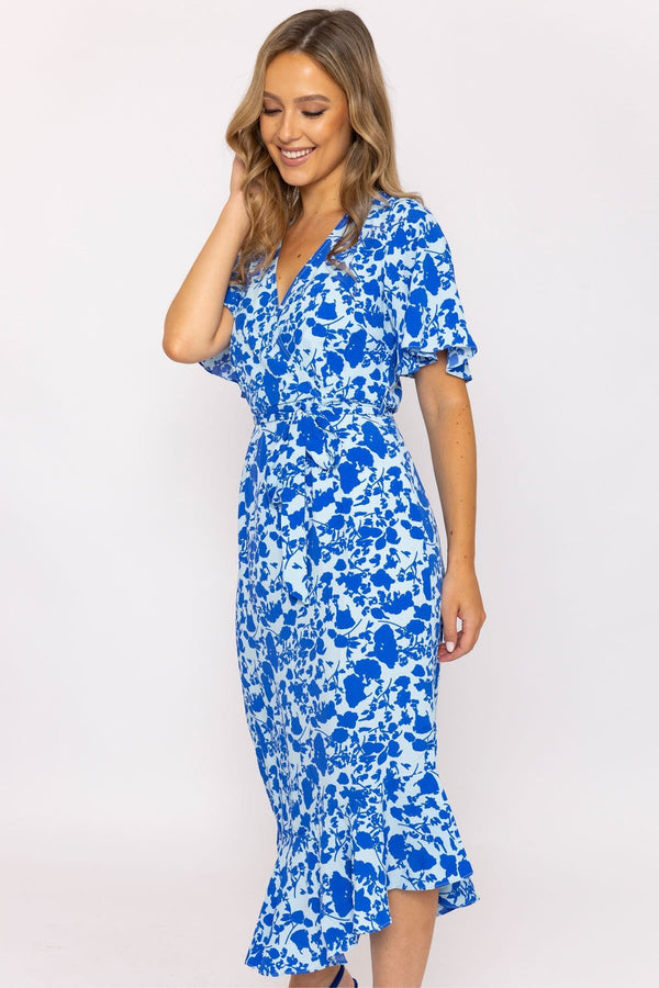 Carraig Donn Blue Ruffle Wrap Midi Dress