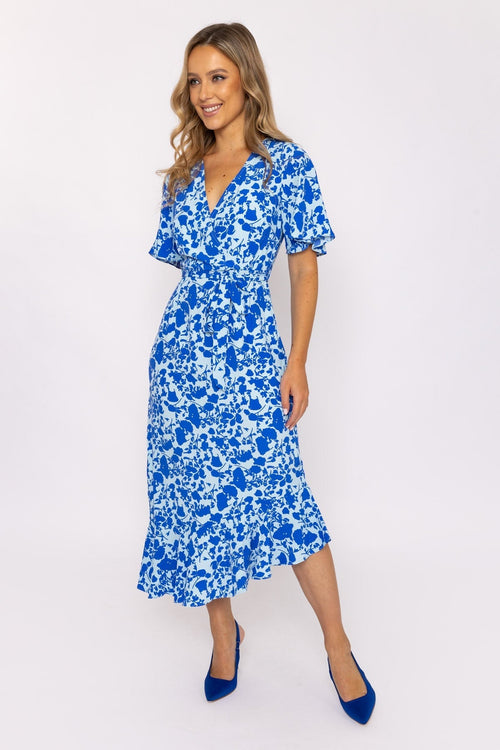 Blue Ruffle Wrap Midi Dress