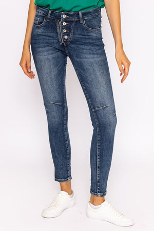 Carraig Donn Button Front Jeans in Dark Denim