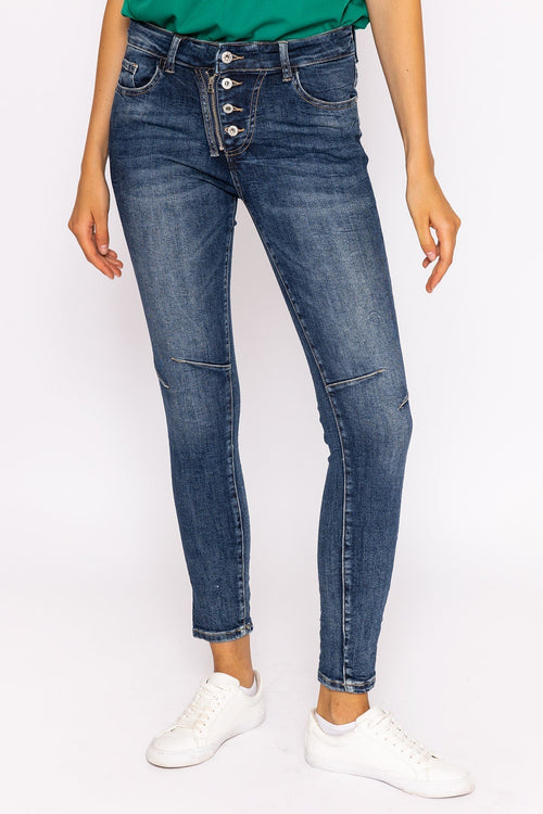 Carraig Donn Button Front Jeans in Dark Denim