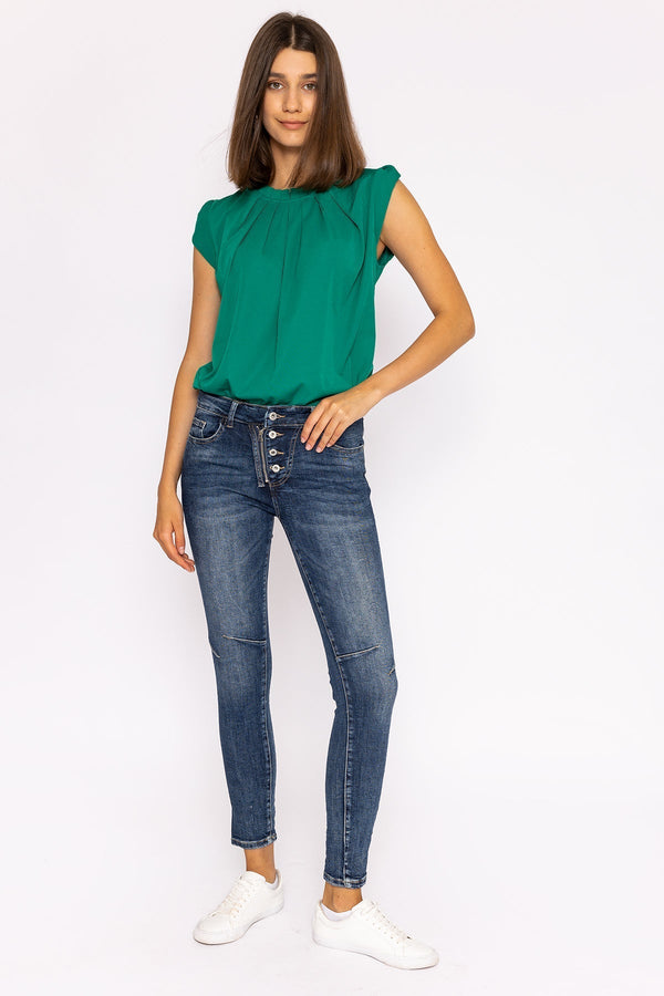 Carraig Donn Button Front Jeans in Dark Denim