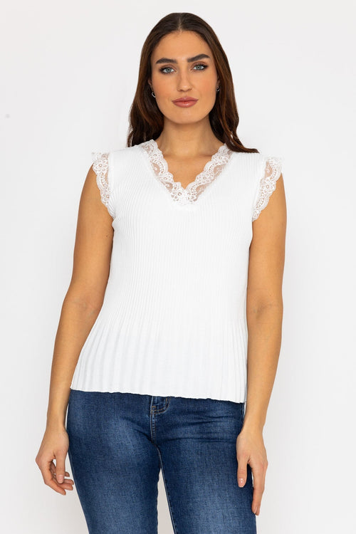 Carraig Donn Cap Sleeve Lace Trim Pleated Top in Ecru