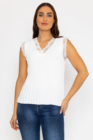 Carraig Donn Cap Sleeve Lace Trim Pleated Top in Ecru