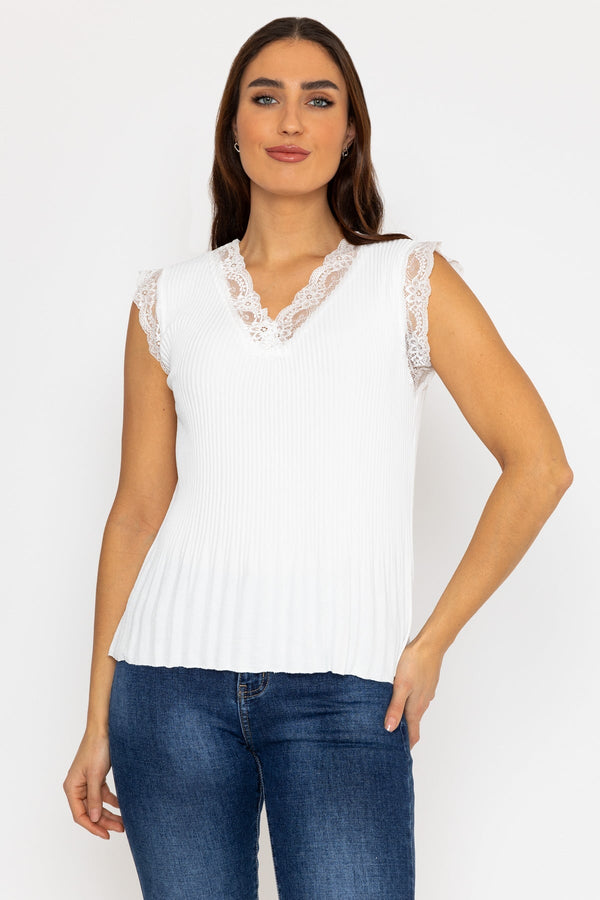 Carraig Donn Cap Sleeve Lace Trim Pleated Top in Ecru