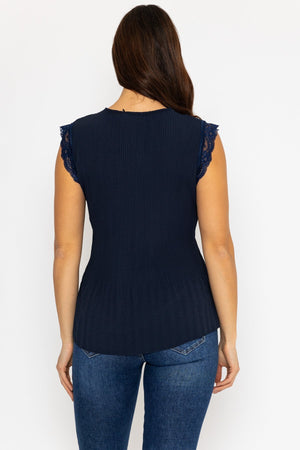 Carraig Donn Cap Sleeve Lace Trim Pleated Top in Navy