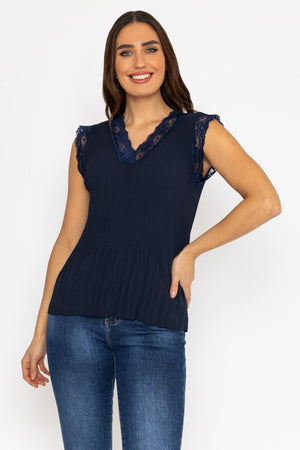 Carraig Donn Cap Sleeve Lace Trim Pleated Top in Navy