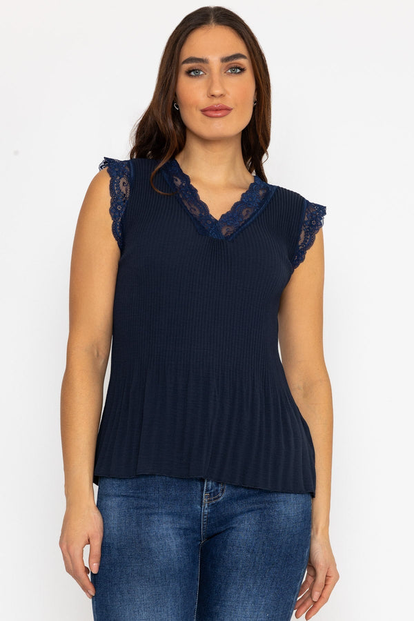 Carraig Donn Cap Sleeve Lace Trim Pleated Top in Navy