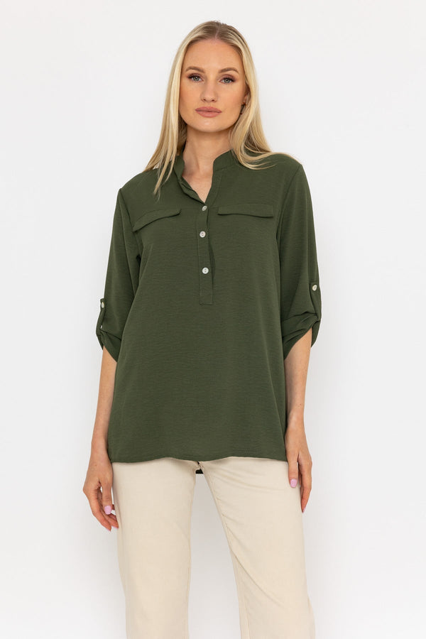 Carraig Donn Collarless Shirt in Khaki