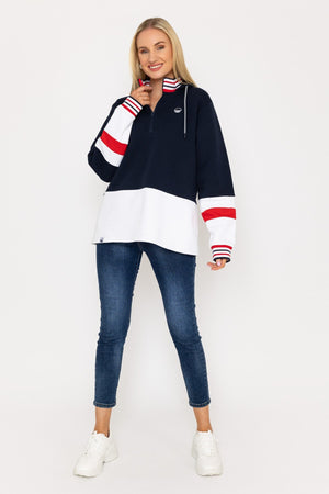 Carraig Donn Colour Block Half Zip Hooded Sweatshirt in Navy