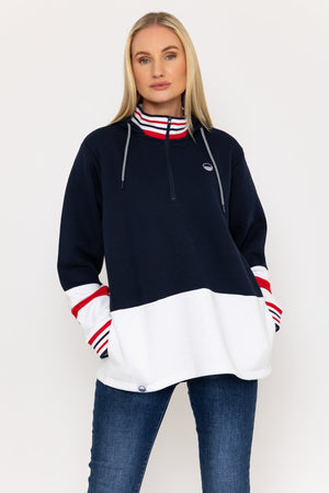 Carraig Donn Colour Block Half Zip Hooded Sweatshirt in Navy