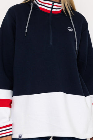 Carraig Donn Colour Block Half Zip Hooded Sweatshirt in Navy