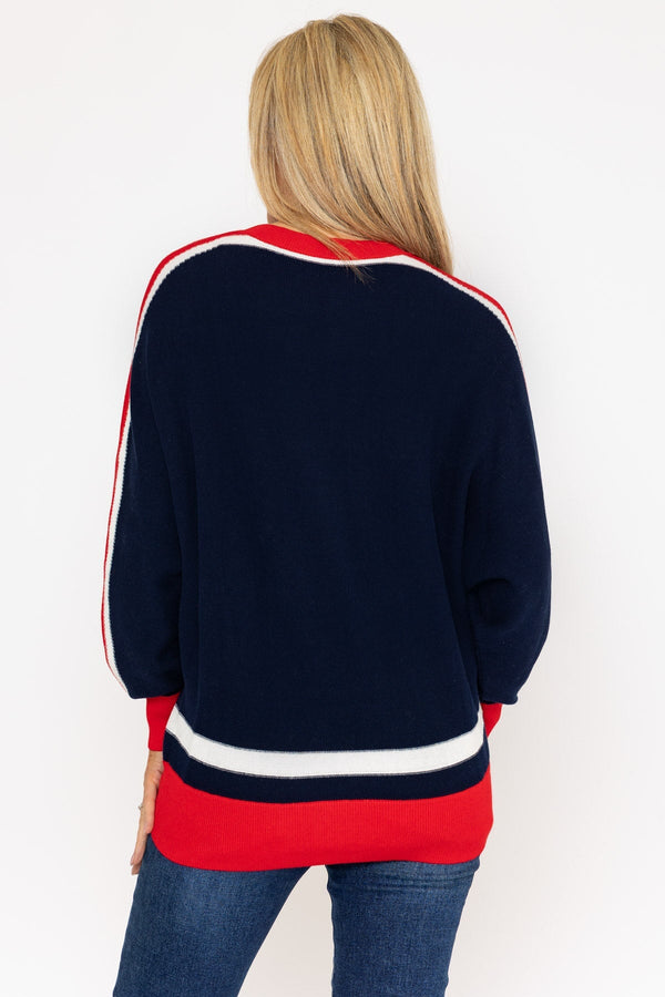 Carraig Donn Colour Block Stripe Knit Sweater in Navy