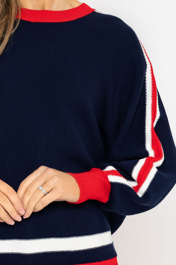 Carraig Donn Colour Block Stripe Knit Sweater in Navy