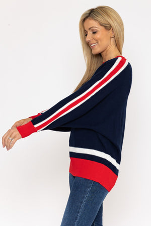 Carraig Donn Colour Block Stripe Knit Sweater in Navy