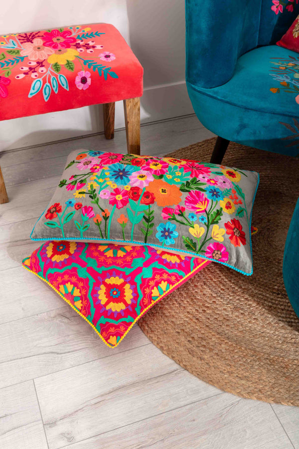 Carraig Donn Coral Geometric Velvet Embroidered Cushion