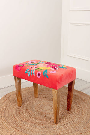 Carraig Donn Coral Velvet Embroidered Floral Foot Stool