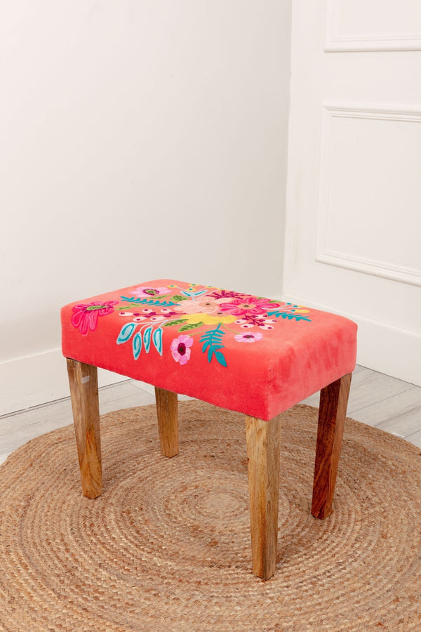 Carraig Donn Coral Velvet Embroidered Floral Foot Stool
