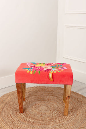 Carraig Donn Coral Velvet Embroidered Floral Foot Stool