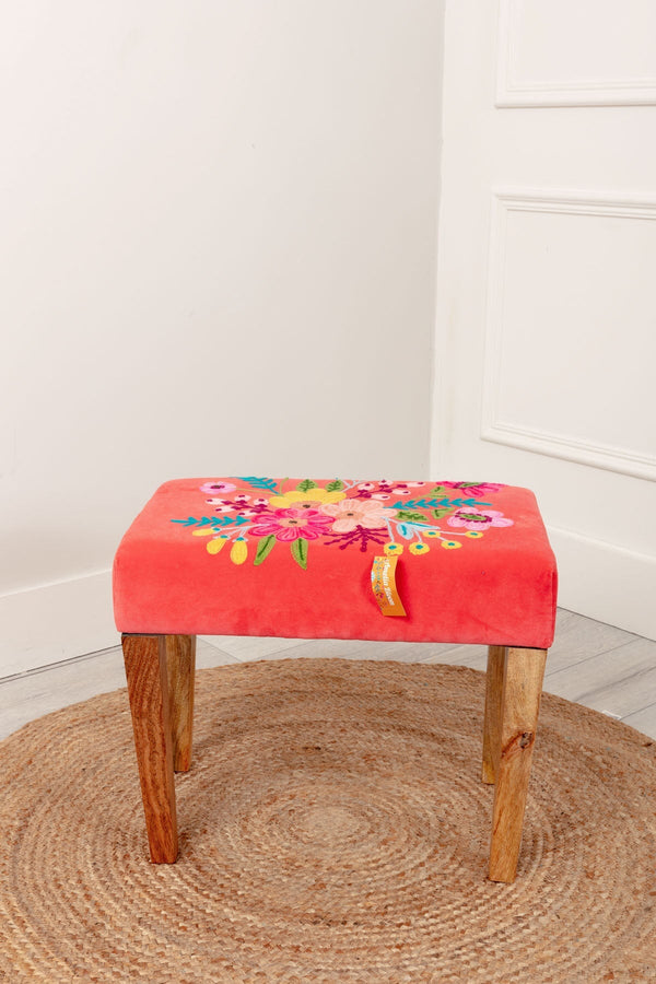 Carraig Donn Coral Velvet Embroidered Floral Foot Stool