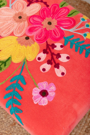 Carraig Donn Coral Velvet Embroidered Floral Foot Stool
